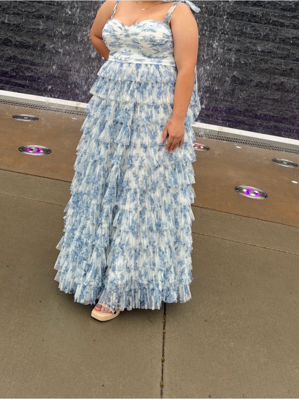 B. Smart Blue and White Toile Ruffle Maxi Dress Skirt